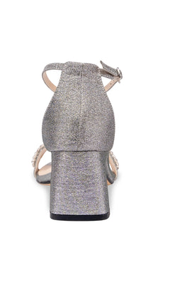 Rear view of the Jade Pewter Prom Shoes: Touch Ups 4667, featuring jeweled straps, a block low heel, ankle strap with buckle, shown against a white background.