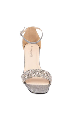The Jade Pewter Prom Shoes: Touch Ups 4667 is a single open-toe, low-heel shoe in pewter silver with jeweled straps and an ankle strap, featuring rhinestone embellishments across the toe strap, viewed from above on a white background.
