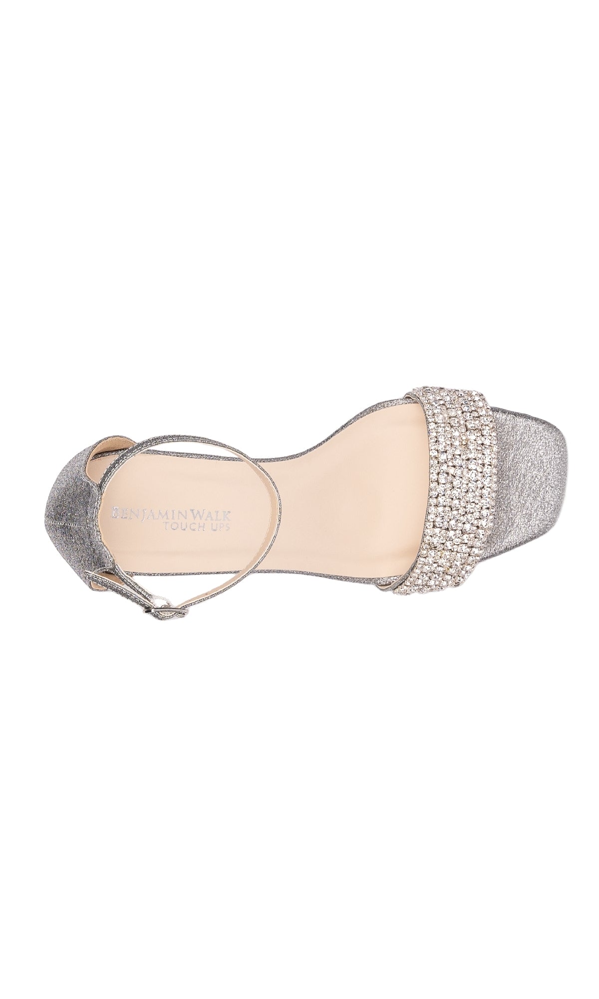 The Jade Pewter Prom Shoe (Touch Ups 4667) is a single low-heeled silver shoe with a jeweled rhinestone strap and ankle strap, shown from above.