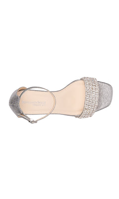 The Jade Pewter Prom Shoe (Touch Ups 4667) is a single low-heeled silver shoe with a jeweled rhinestone strap and ankle strap, shown from above.