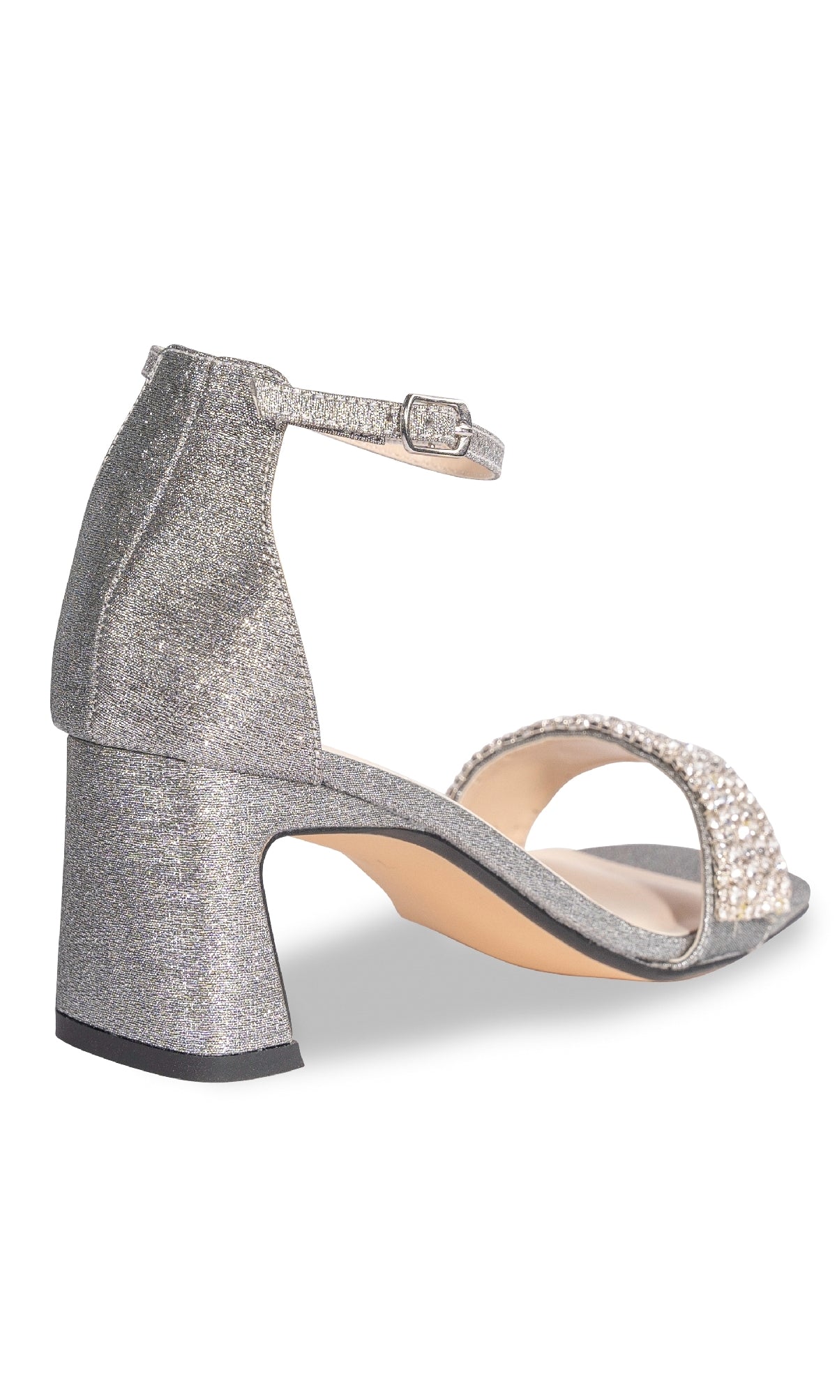 The Jade Pewter Prom Shoes: Touch Ups 4667 feature pewter silver block heels, low heels, jeweled straps, an ankle strap, and an embellished front band, shown from a back side angle.