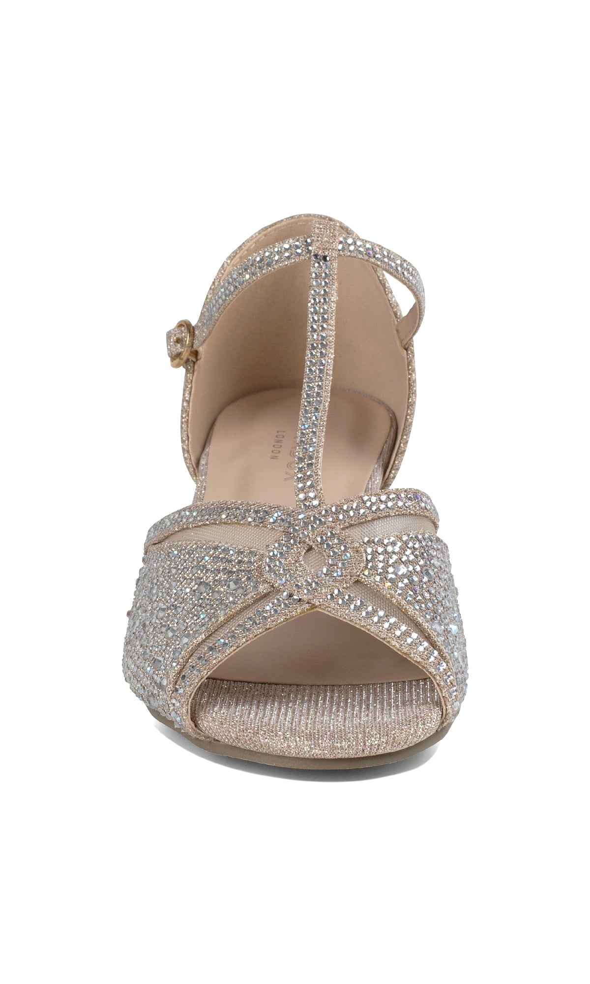 Front view of Janelle Champagne Prom Shoes: Paradox London P2209—beige open-toe sandals with low wedge heels, silver rhinestones, and a T-strap design.