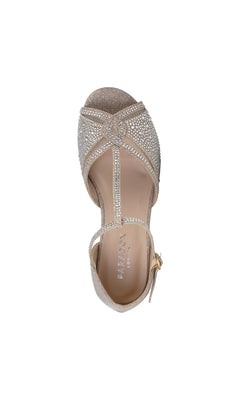 Janelle Champagne Prom Shoes: Paradox London P2209—an open-toe, ankle-strap sandal with sparkling rhinestones, closed metallic nude heel, and low wedge for comfort—perfect shimmering shoes for prom, shown from above.