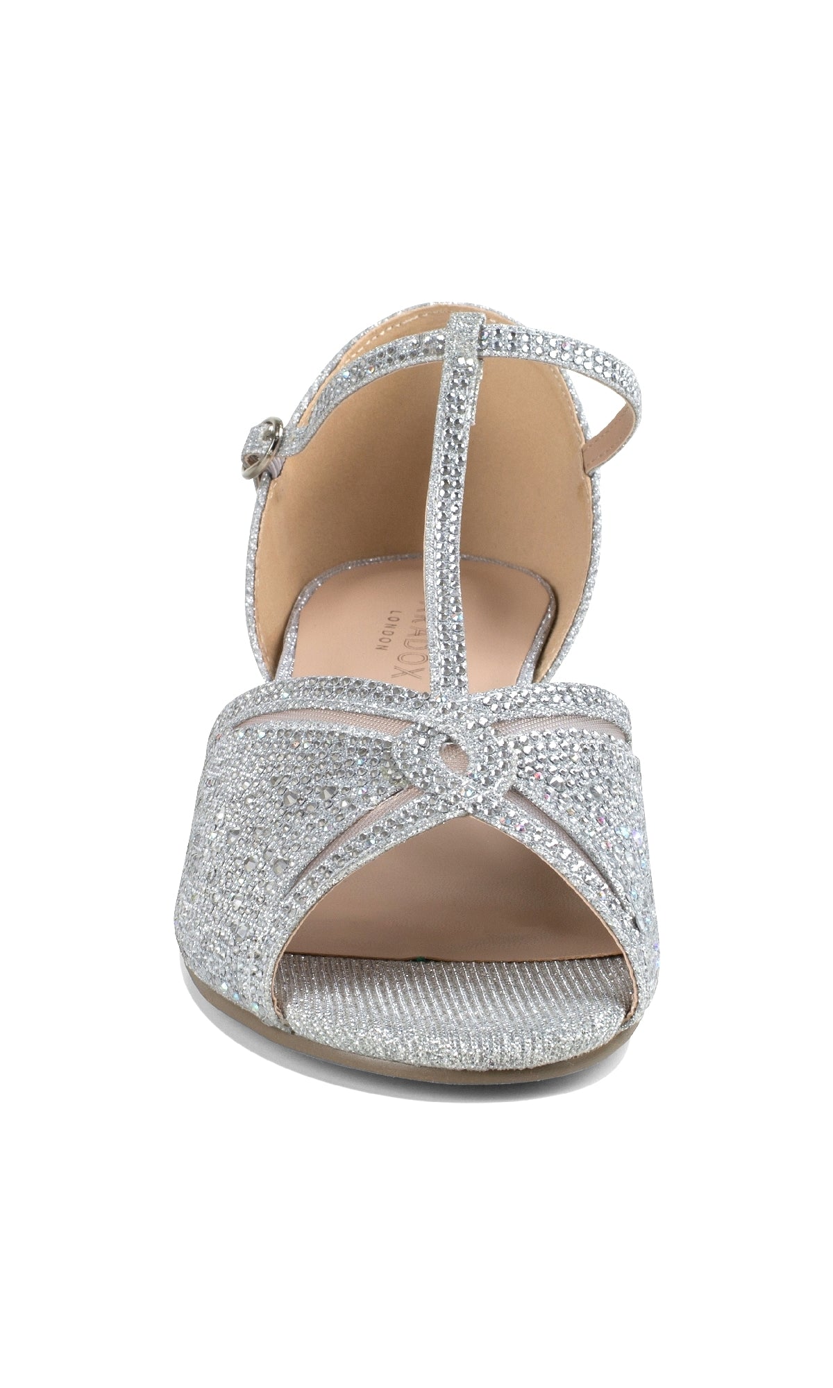 Front view of Janelle Silver Prom Shoes: Paradox London P2210—silver, glittery open-toe high heels with ankle strap and T-bar design—perfect for prom, shown against a white background.
