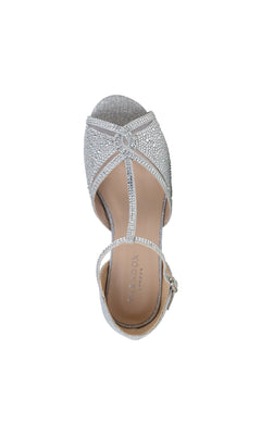 Top view of the Janelle Silver Prom Shoes by Paradox London (P2210), showcasing open-toe style, rhinestone accents, T-strap design, low wedge heels, and an ankle buckle closure.