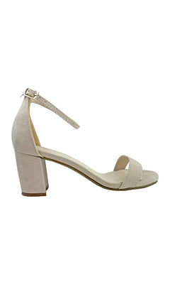 The January Beige Prom Shoes: Dyeables 4368 feature a beige suede block heel, ankle strap with buckle, open toe, and low heel—ideal as beige prom shoes—shown in profile on a white background.