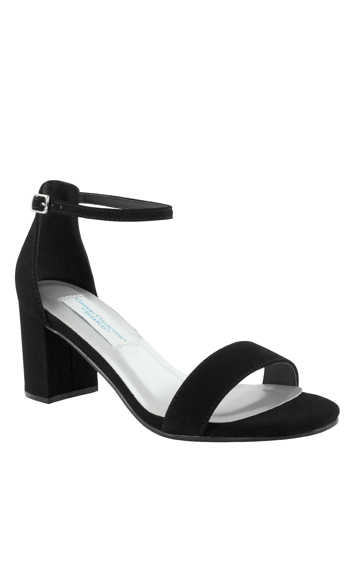 The January Black Suede Prom Shoes: Dyeables 4369 feature a block heel, ankle strap with silver buckle, open toe, and white insole—stylish black suede heels perfect for prom or any special event.