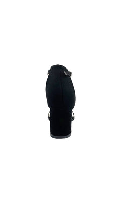 Rear view of the January Black Suede Prom Shoe by Dyeables 4369, featuring block heels, ankle and toe straps, and buckle closures, centered on a white background.