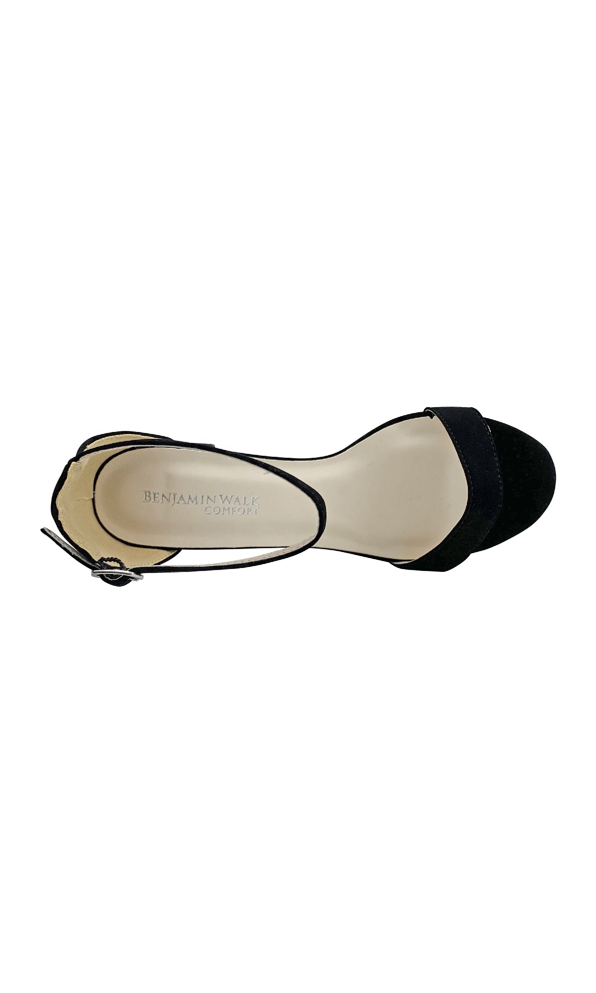 Top view of the January Black Suede Prom Shoes: Dyeables 4369, featuring open toe, ankle strap with buckle closure, block heels, and 