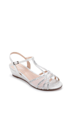 Jilly Silver Prom Shoes: Paradox London P2001 feature low wedge heels, beaded straps, open toe, ankle strap, and buckle closure, displayed against a white background.