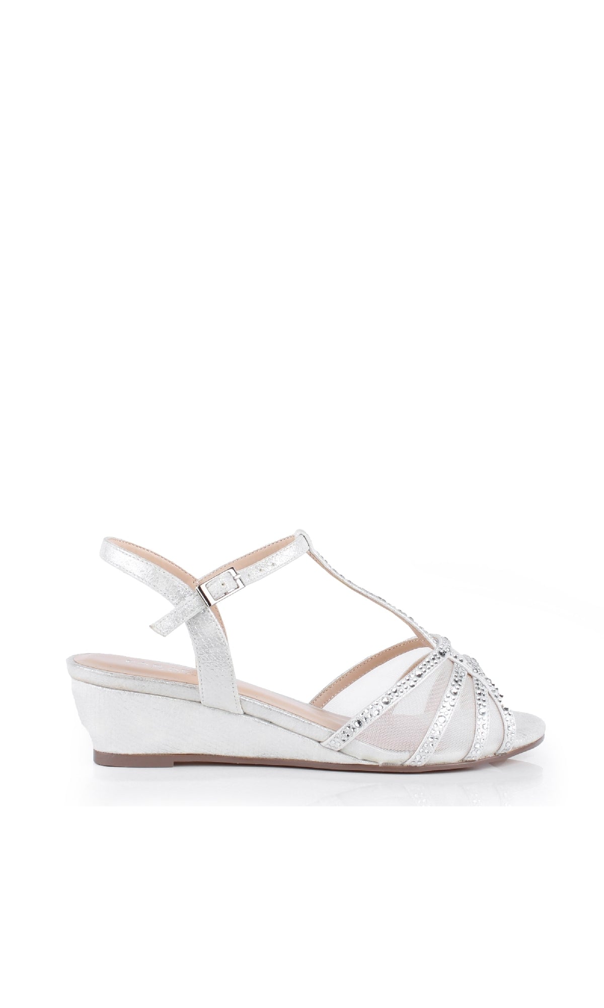 The Jilly Silver Prom Shoes: Paradox London P2001 feature beaded, glittery crisscross straps, an ankle strap, and low open-toe wedge heels—perfect formal silver sandals for prom. Shown on a white background.