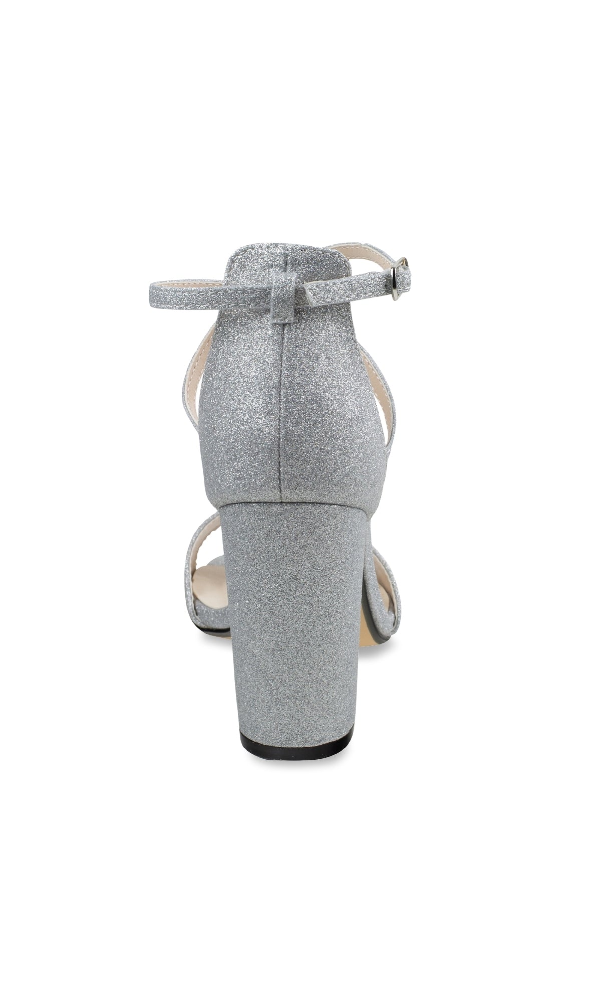 Rear view of Jordy Silver Glitter Prom Shoes: Touch Ups 4629, featuring block high heels, ankle strap, and closed heel counter, shown against a white background.