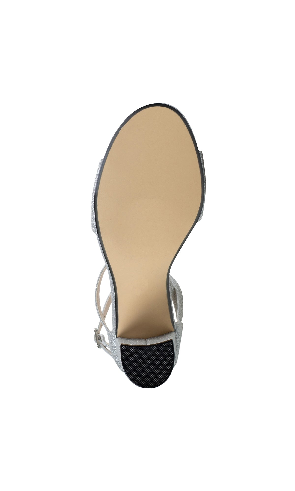 The image shows the bottom view of Jordy Silver Glitter Prom Shoes: Touch Ups 4629, featuring a beige sole, black heel tip, silver glitter straps, and open-toe block heels—ideal for prom.