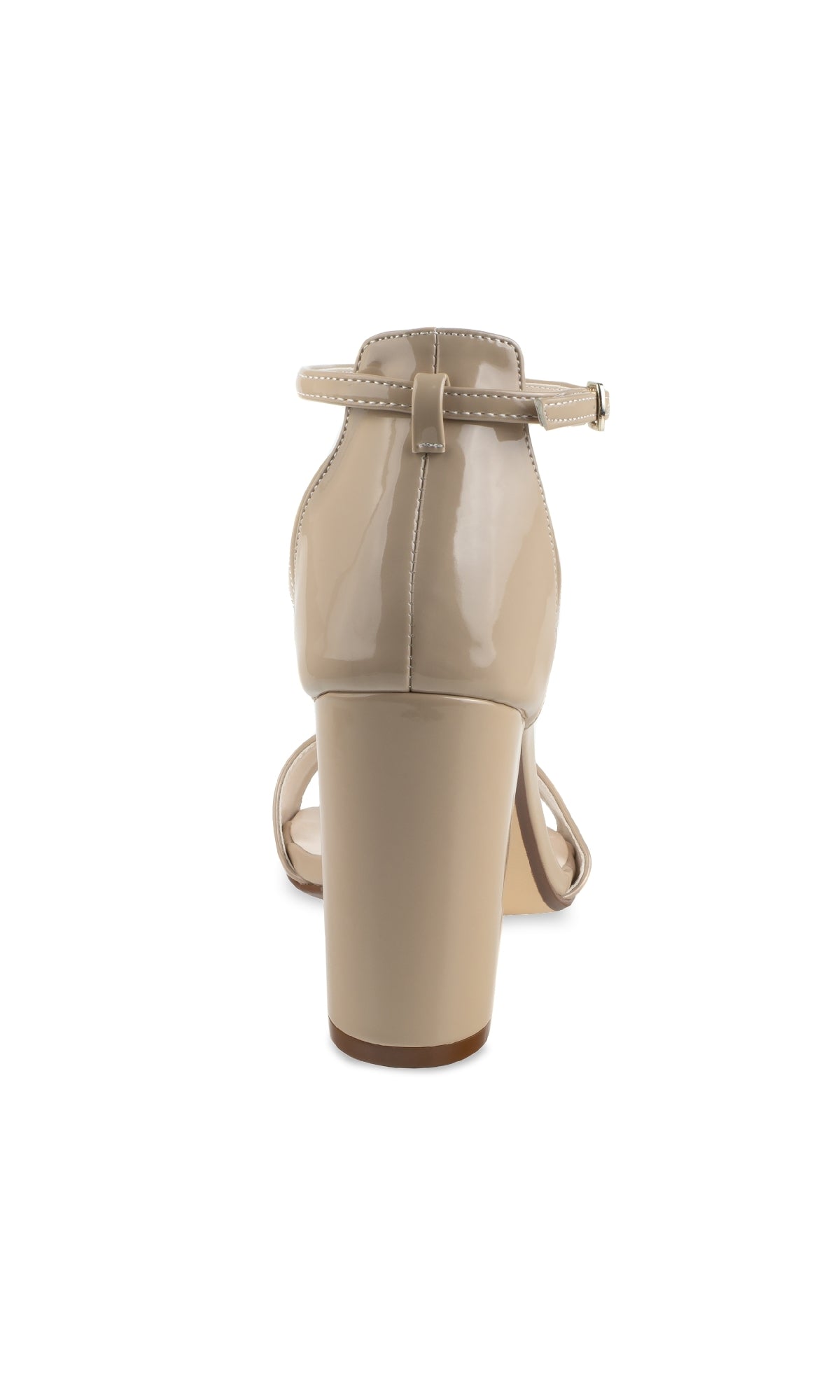 The Jordy High Heel Nude Prom Shoes (Touch Ups 4632) are beige patent leather sandals with an ankle strap, buckle, and sturdy block heel—an elegant choice for any occasion.