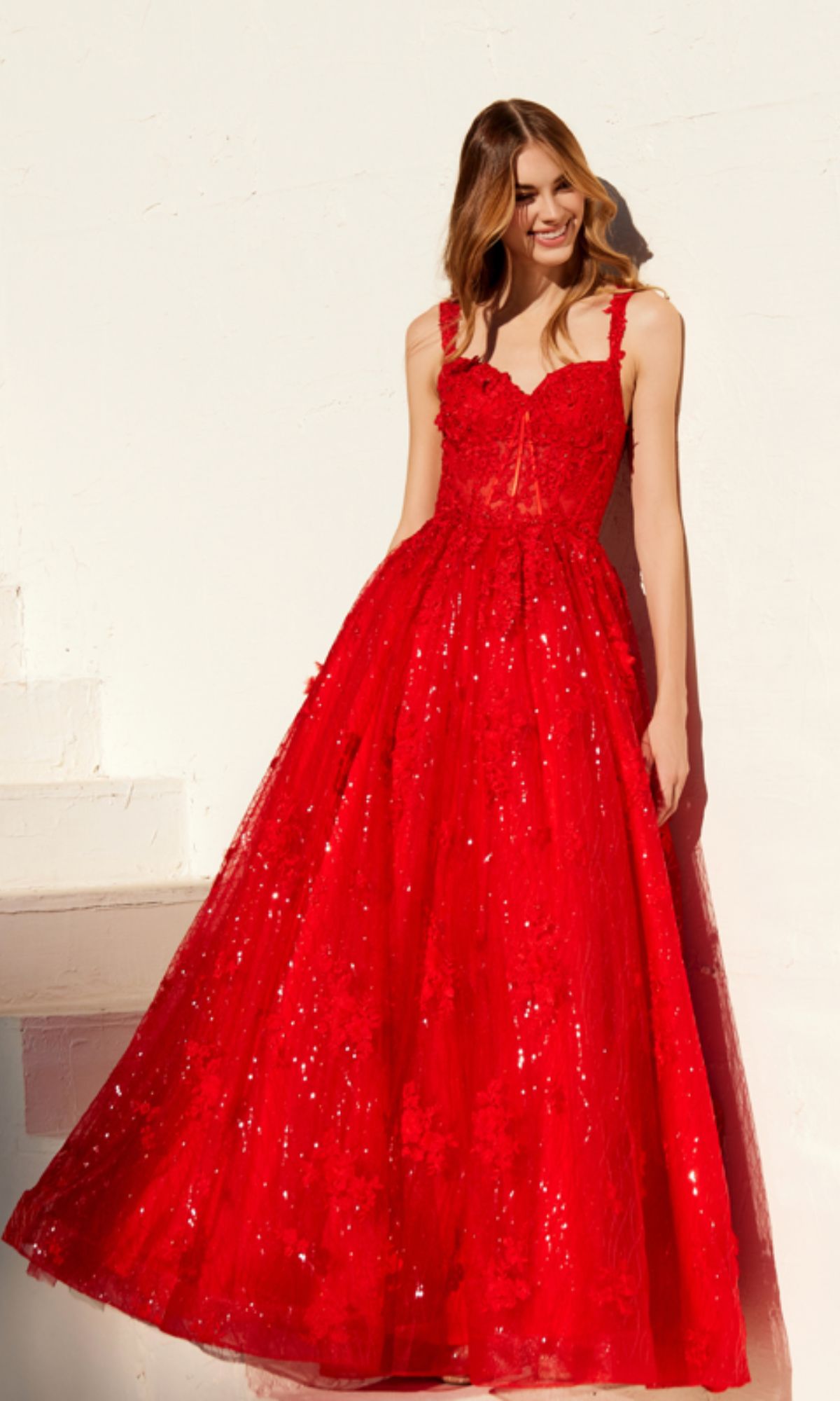 Sequin-Lace Long A-Line Prom Dress with Lace-Up Corset Red / 10 Sequin-Lace Long A-Line Prom Dress with Lace-Up Corset Red / 10