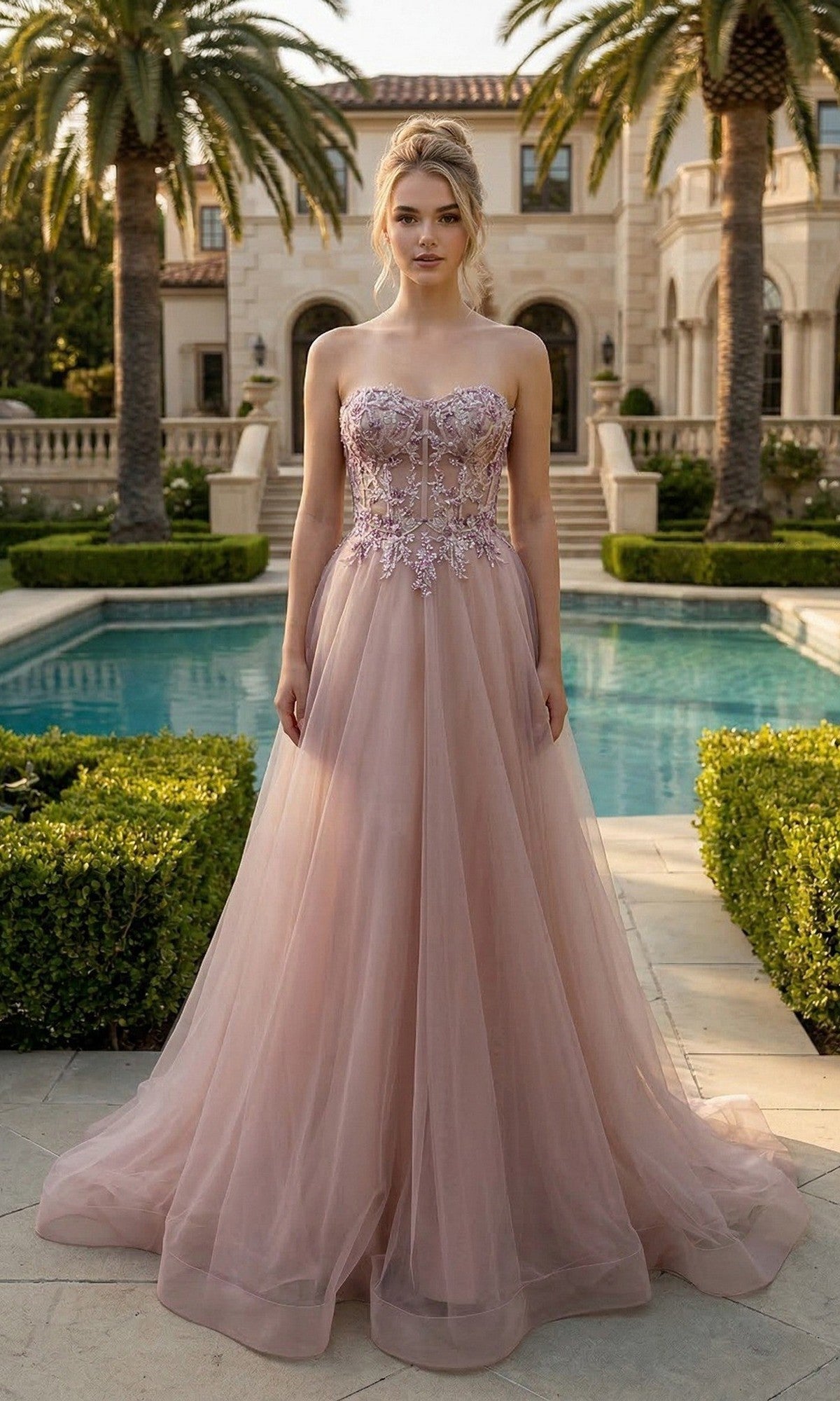 A woman in the champagne Flowy Long Tulle Prom Ball Gown Juliet JT2640G stands by a pool, framed by manicured gardens and a grand mansion.