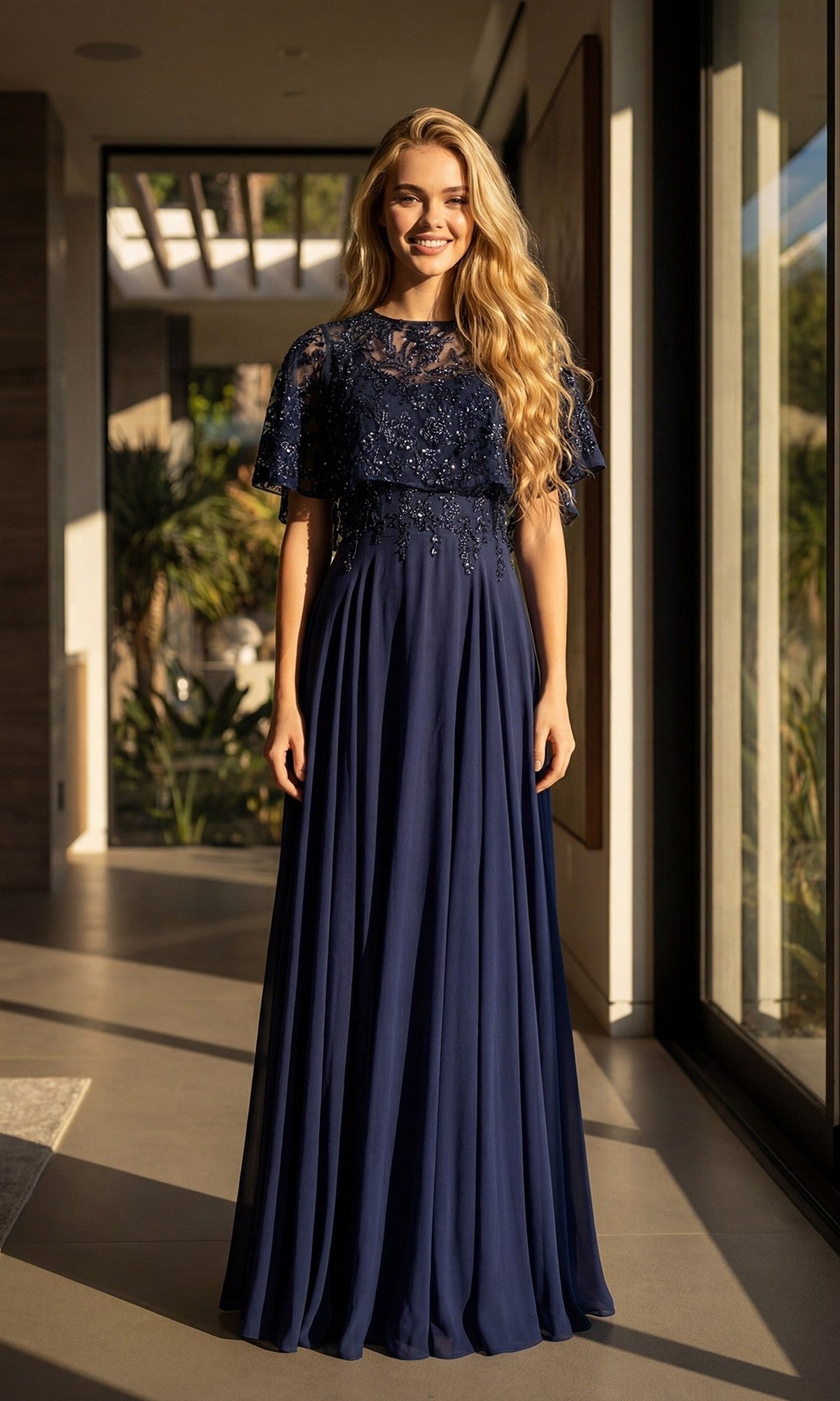 A woman with long blonde hair wears the Juliet JTM21L Long Formal Dress in dark blue—a floor-length evening gown featuring lace and sequin details—standing indoors by large windows with sunlight streaming in.