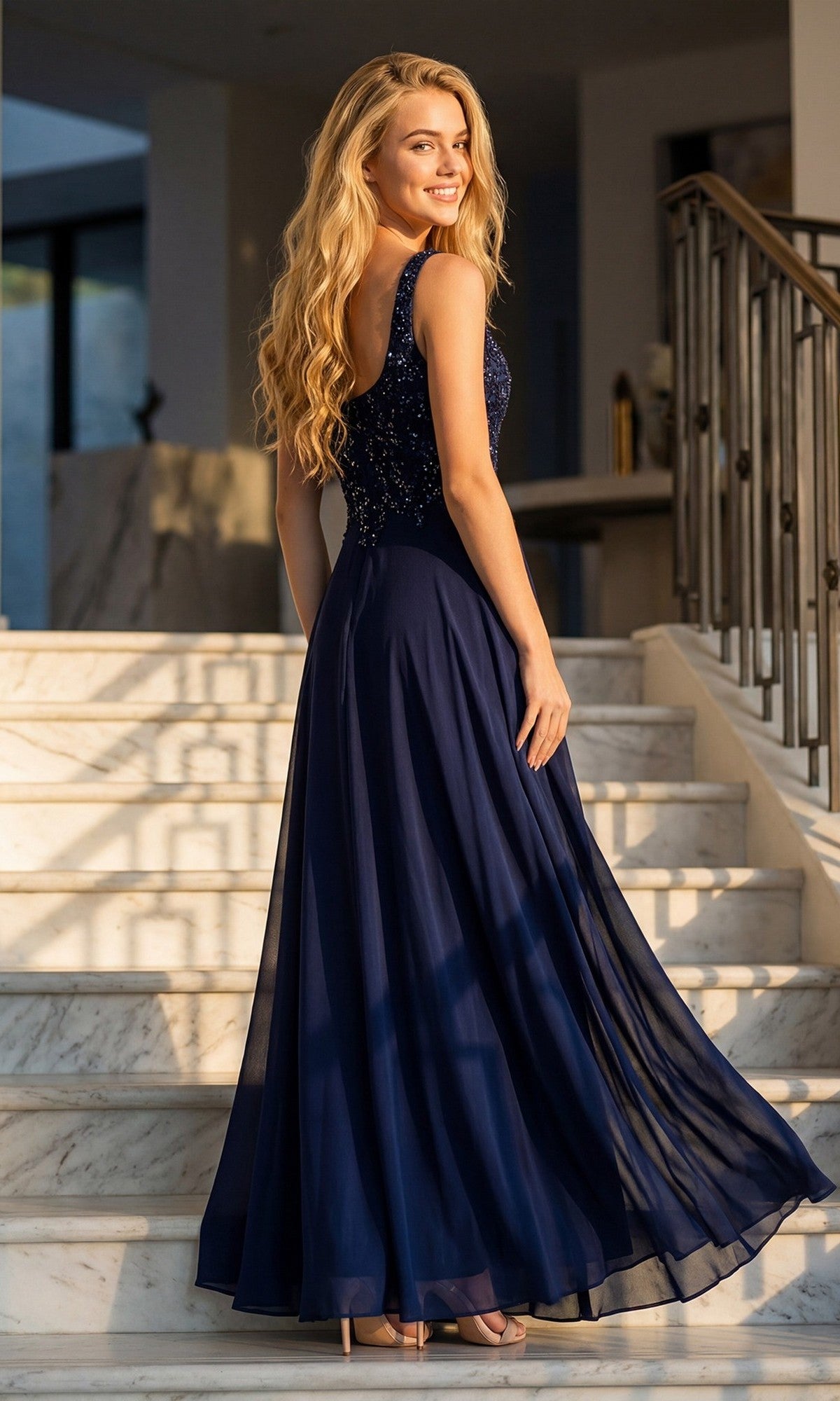 Wearing the Juliet JTM21L long formal dress in navy blue, a woman stands on marble stairs, looking over her shoulder and smiling.