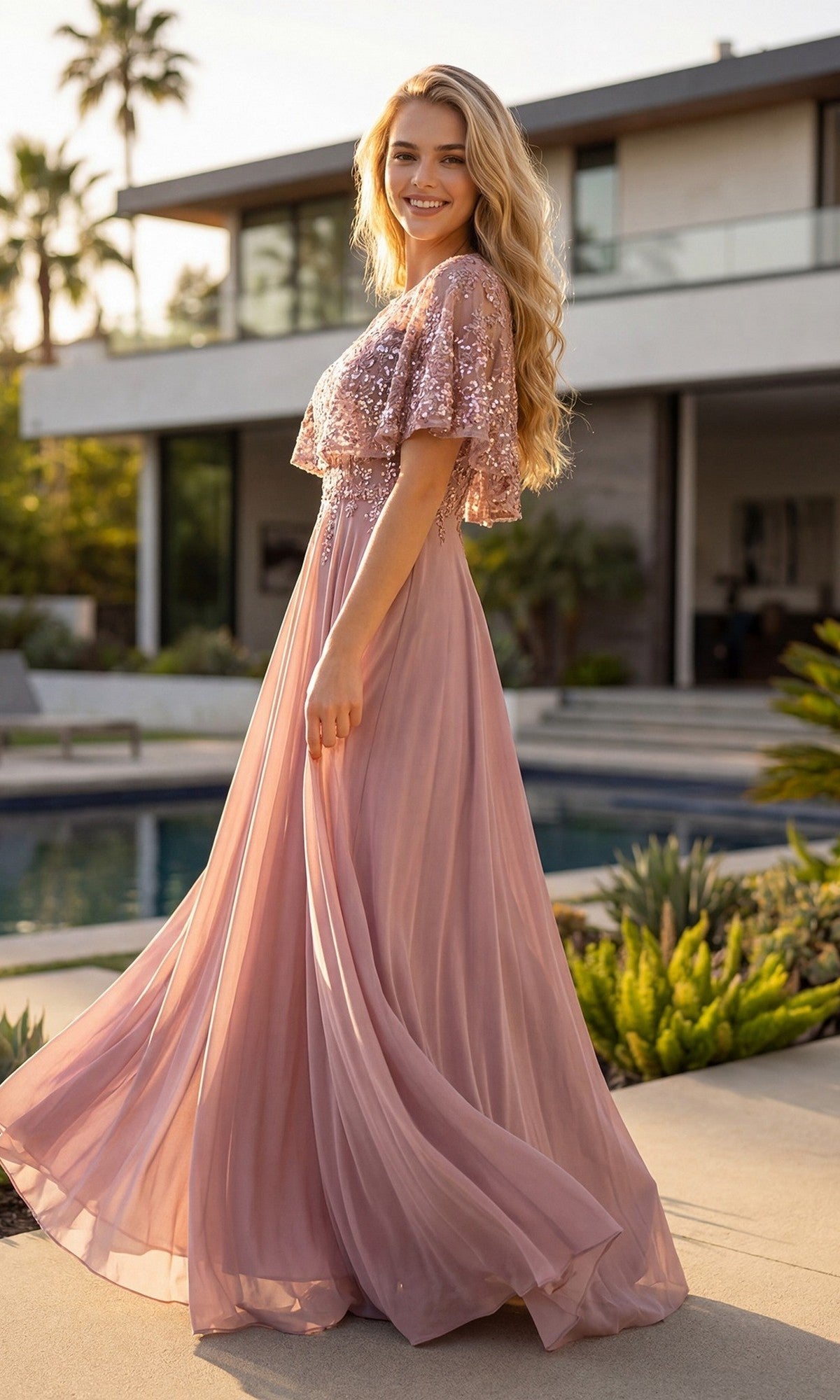 A woman wearing the Juliette JTM21L long formal dress in mauve stands outdoors beside a modern house and pool, smiling in the natural sunlight.