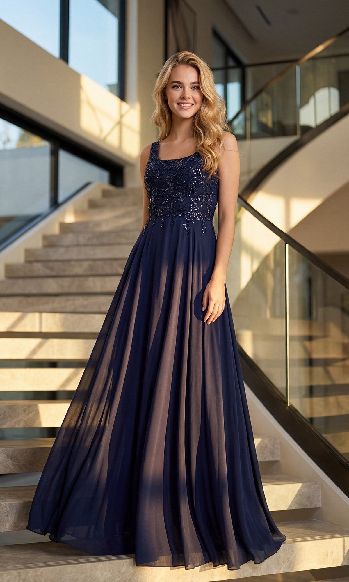 Wearing the Juliet JTM21L Long Formal Dress, a woman stands on a staircase, smiling in the navy blue, floor-length gown featuring an elegant beaded bodice. This timeless evening dress radiates grace and sophistication, making it a perfect choice for a mother-of-the-bride.
