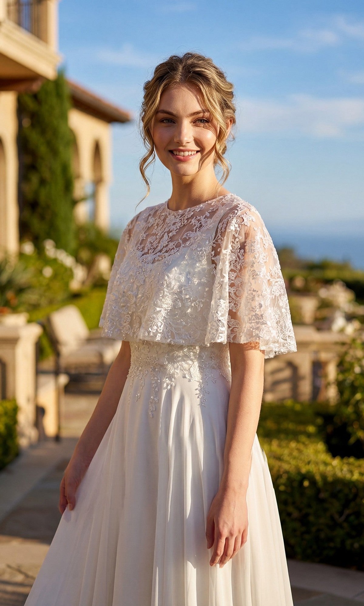 A woman in the Juliet JTM21LW long formal dress stands outdoors in a garden setting, smiling at the camera.