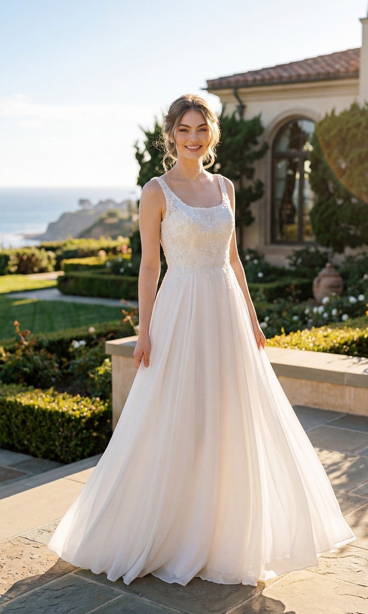 A woman stands outdoors on a stone patio with a garden, house, and ocean in the background, wearing the Juliet JTM21LW long formal dress in off white.