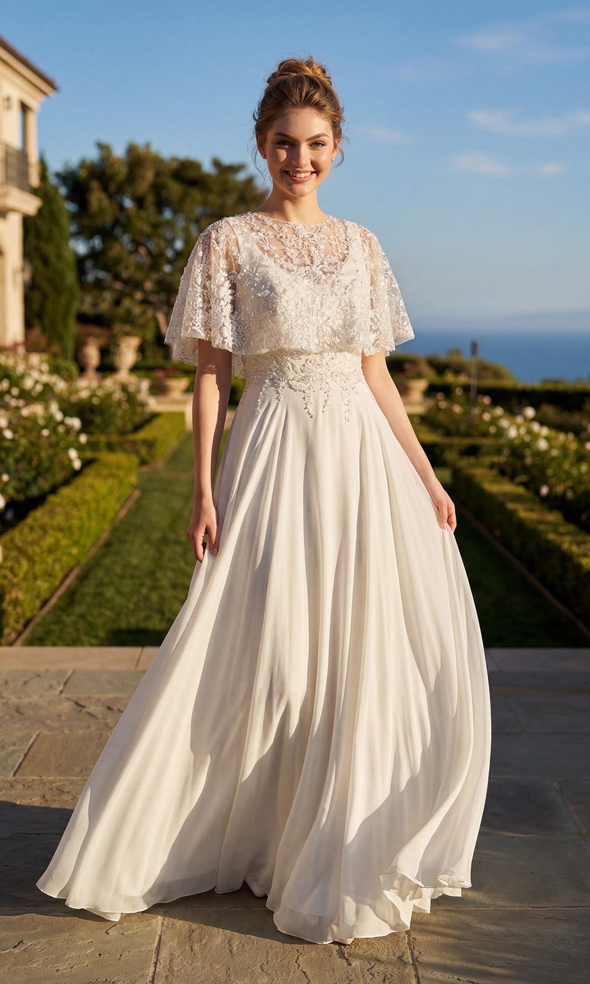 A woman wearing the Long Formal Dress: Juliet JTM21LW, a flowing white lace evening gown, stands outdoors on a stone path, surrounded by manicured gardens and a blue sky.