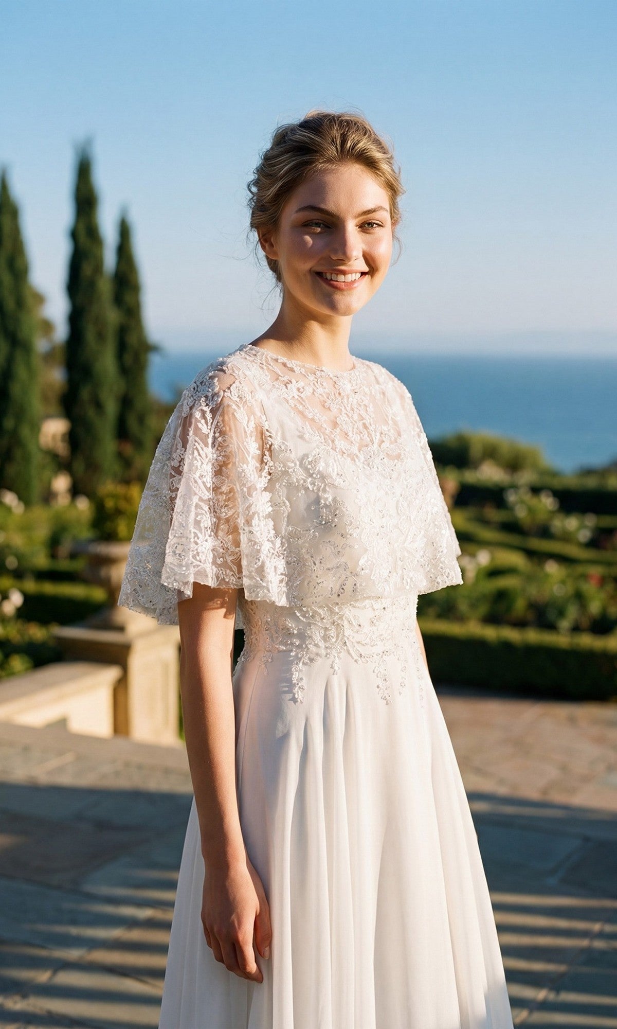 A woman wearing the Juliet JTM21LW long formal dress stands outdoors in sunlight, smiling with gardens, trees, and the sea in the background.