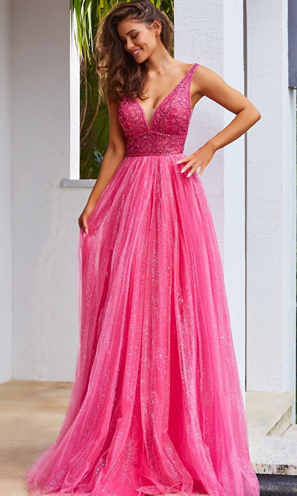 Glitter-Pleated Long A-Line Prom Dress JVN05818