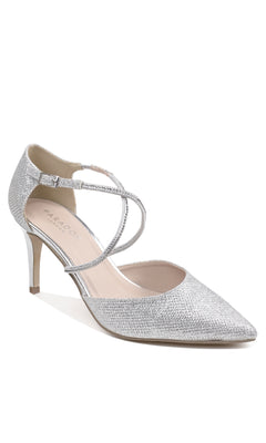 The Kennedy Silver Prom Shoes (Paradox London P2237) feature a silver shimmer finish, pointed closed toe, criss-cross ankle straps, and mid-height heel—perfect as elegant closed-toe prom shoes, shown against a white background.
