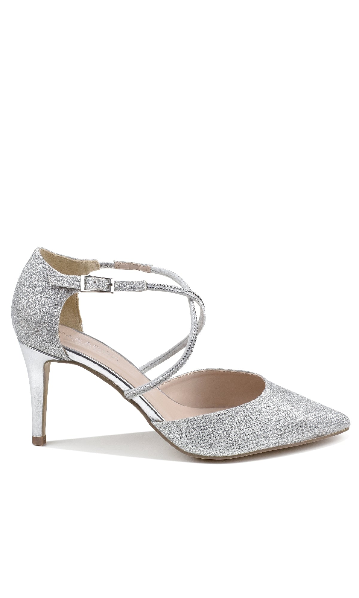 The Kennedy Silver Prom Shoes (Paradox London P2237) feature a pointed closed toe, ankle straps with buckle closure, and a shimmering finish—perfect stiletto heels to add sparkle to any special occasion.