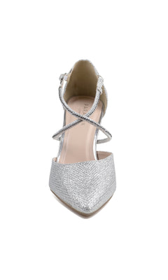 The Kennedy Silver Prom Shoes (Paradox London P2237) are women’s pointed-toe dress shoes featuring silver glitter and crisscross ankle straps, shown from above against a white background.