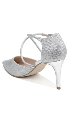 The Kennedy Silver Prom Shoes: Paradox London P2237 feature a glittery silver finish, closed pointed toe, and elegant crisscross straps, shown from back and side angles.