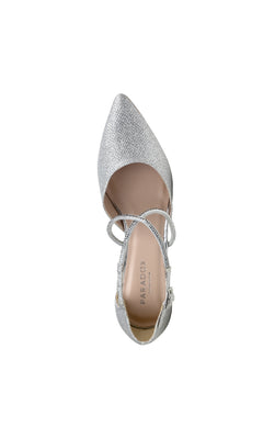The Kennedy Silver Prom Shoes by Paradox London (P2237) features a single silver shimmer heel with a pointed closed toe, side cutout, and ankle strap, displayed against a white background.