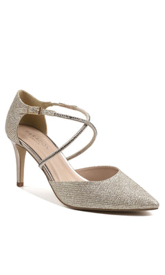 The Kennedy Champagne Prom Shoes by Paradox London (P2238) feature a gold glittery pointed toe, mid-height stiletto heels, and two thin crisscross ankle straps, elegantly displayed on a white background.