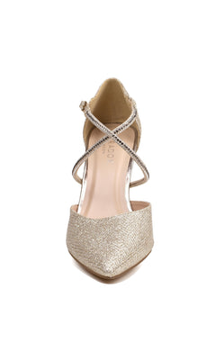 Front view of the Kennedy Champagne Prom Shoe (Paradox London P2238) in glittery gold with crisscross ankle straps, closed toe, and low heel, shown against a plain white background.