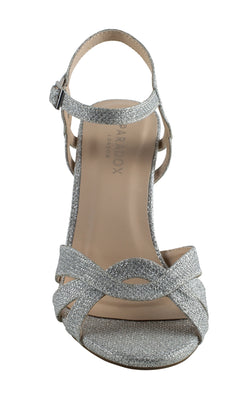 The Kitty Silver Glitter Mesh Prom Shoes by Paradox London (P2105) feature a low heel, ankle strap with buckle, and shimmering mesh—delivering prom-ready open-toe elegance in every sparkling top-down view.