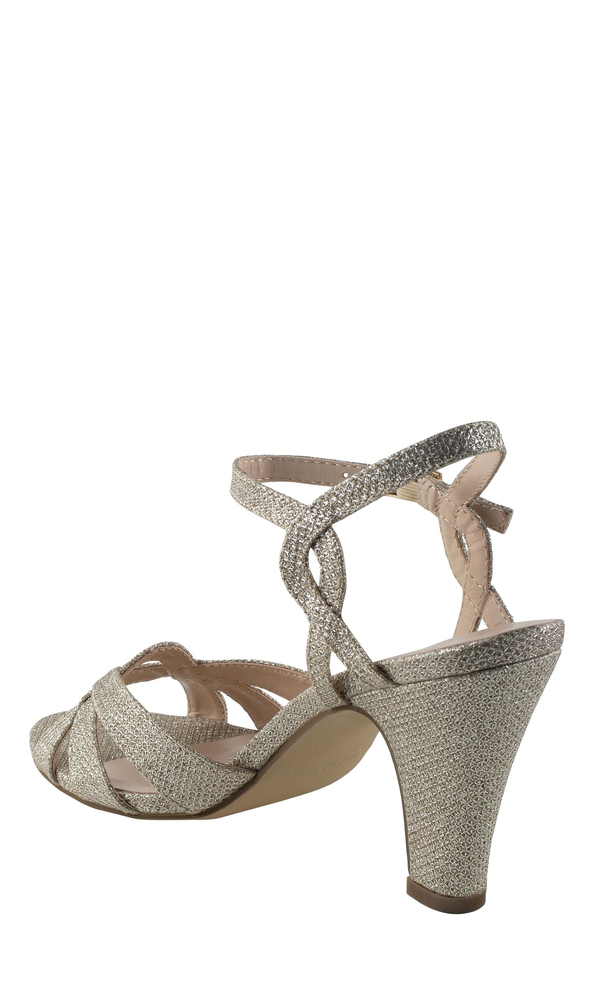 The Kitty Champagne Prom Shoes: Paradox London P2106 features a single open-toe shoe with a glittery champagne finish, crisscross ankle straps, and a closed heel, displayed against a plain white background.