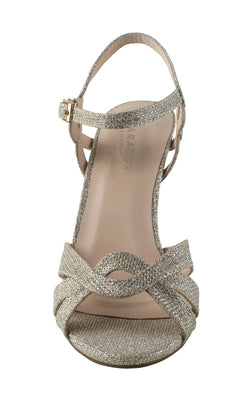 Step into elegance with the Kitty Champagne Prom Shoes by Paradox London P2106. Featuring sparkling gold glitter, a low heel, open toe, crisscross straps, and an ankle buckle—ideal for prom night glamour.