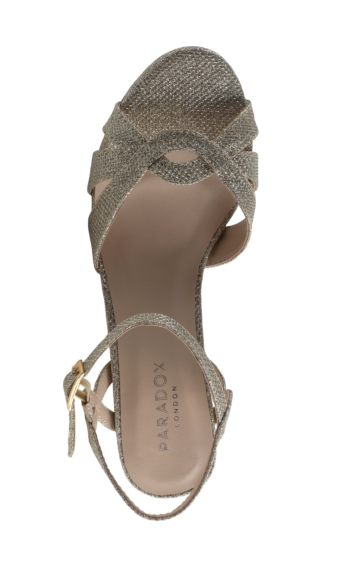 The Kitty Champagne Prom Shoe by Paradox London (P2106) is a single open-toe sandal with crisscross straps, low heel, ankle buckle, and 