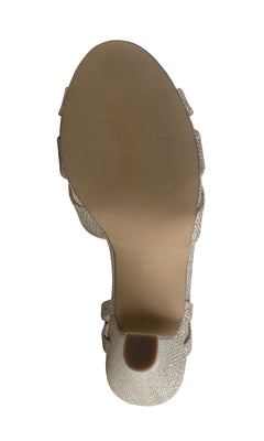 The underside of the Kitty Champagne Prom Shoes: Paradox London P2106 features a tan sole stamped with "PARADOX LONDON 37" near the arch.