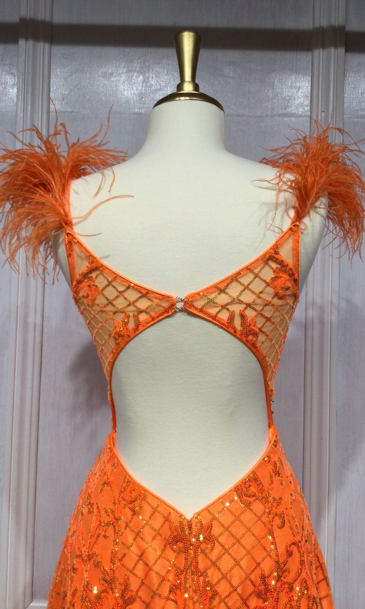 Feathered Neon Orange Long Sequin Prom Dress KV1076