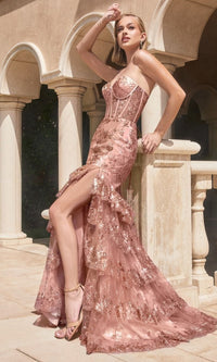 Glittery Strapless Long Ruffled Prom Dress KV1095