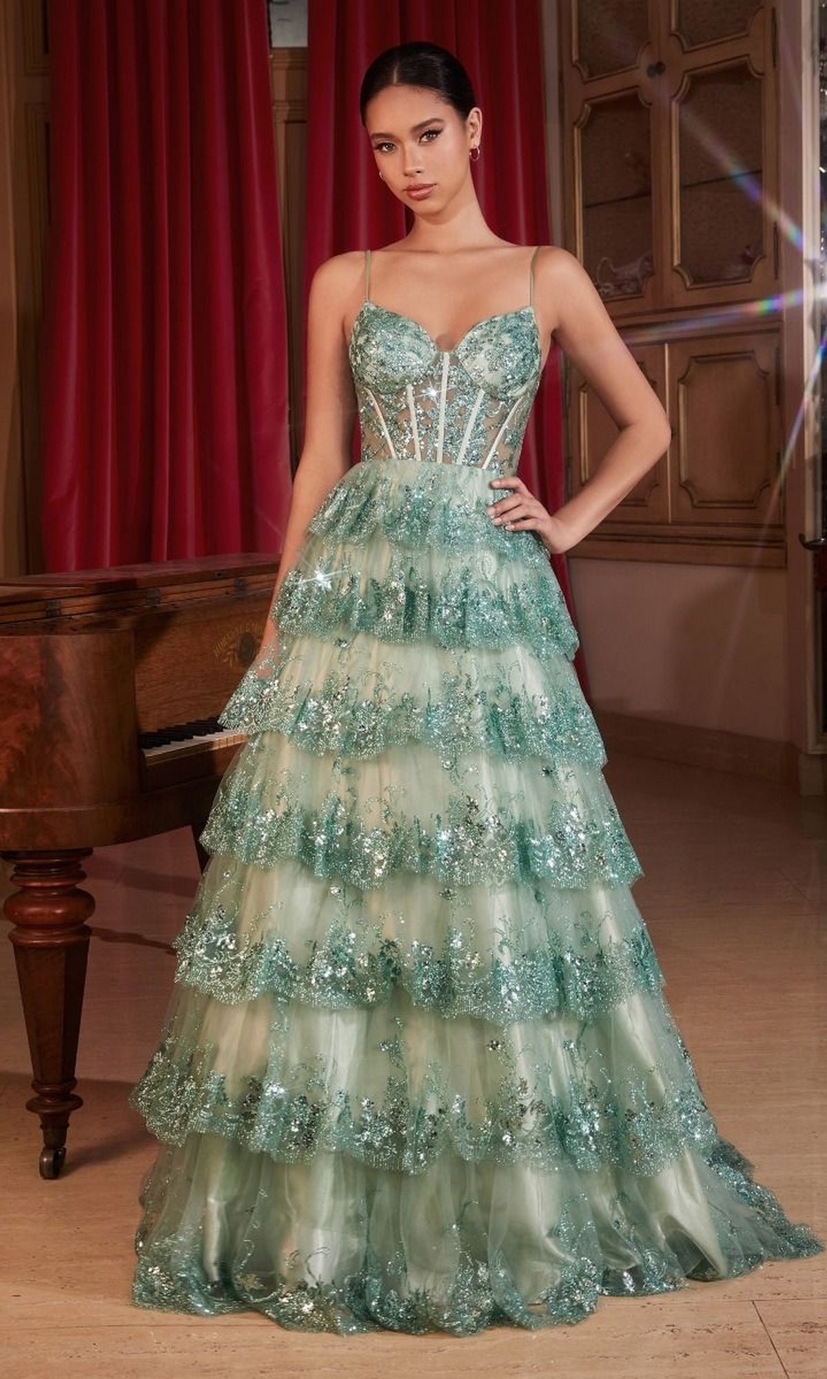 Long Sweetheart Glitter Prom Dress with Sheer Corset