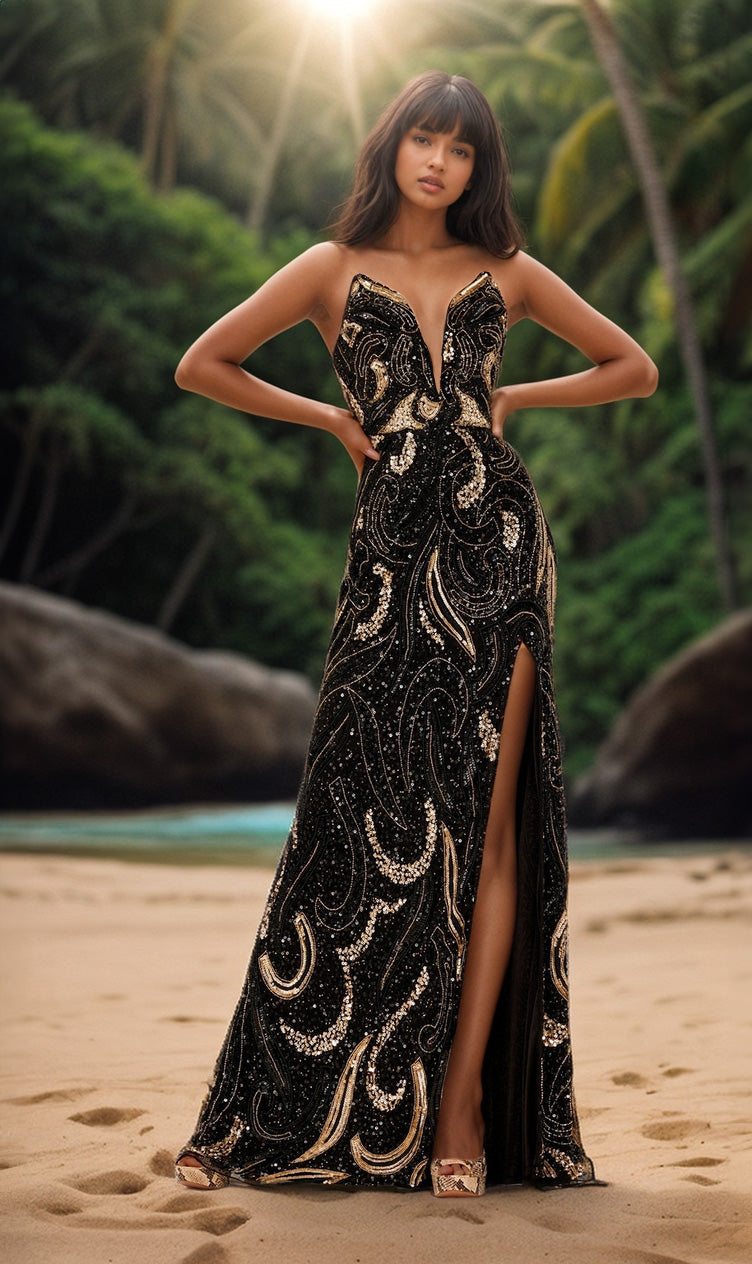 A woman wearing the Strapless Sequin-Print Long Prom Dress 1105, featuring a black and gold sequin design with a thigh-high slit, stands on a sandy beach with palm trees and sunlight in the background.