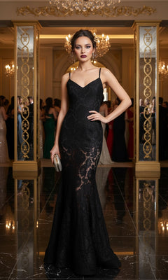 A woman wearing the Sheer Lace Mermaid Prom Dress: La Femme 27584 stands on a reflective floor holding a clutch, with others in formal attire visible in the background.