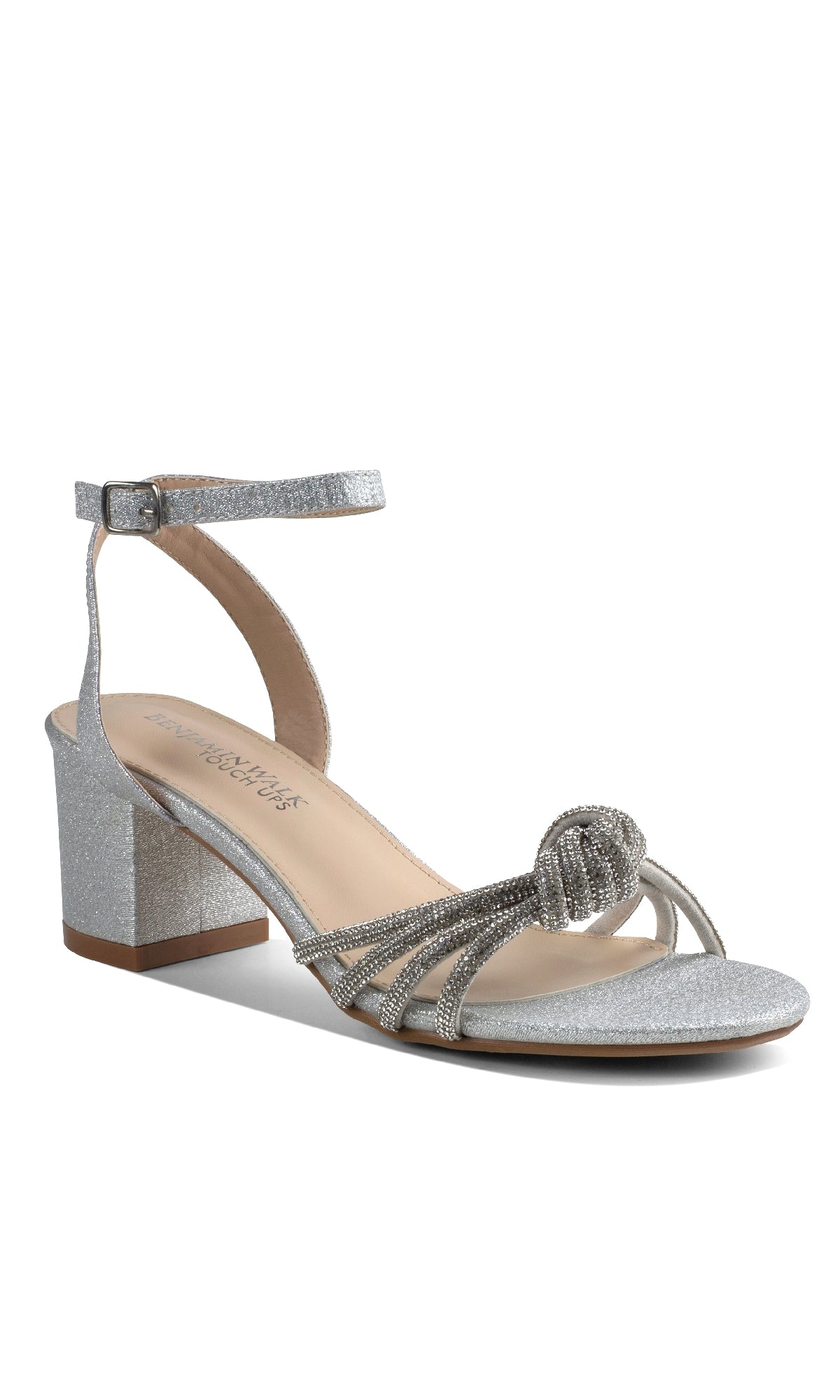 Step out in style with Libra Silver Glitter Prom Shoes (Touch Ups 4651)—a block-heeled sandal featuring an ankle strap, open toe, and decorative knot detail; the perfect choice for your next glamorous night out.
