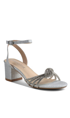 Step out in style with Libra Silver Glitter Prom Shoes (Touch Ups 4651)—a block-heeled sandal featuring an ankle strap, open toe, and decorative knot detail; the perfect choice for your next glamorous night out.