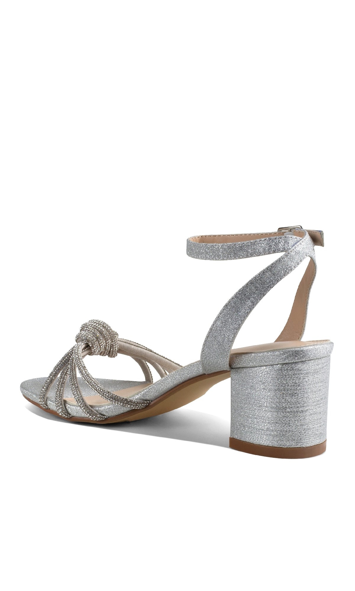 The Libra Silver Glitter Prom Shoes: Touch Ups 4651 are stylish block-heeled sandals with an ankle strap, open toe, and decorative knot—perfect comfortable silver prom shoes for those seeking chic block heel footwear.