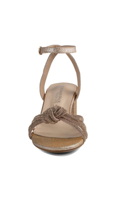 The Libra Champagne Glitter Prom Shoes (Touch Ups 4652) feature a gold glitter open toe, ankle strap, and knotted front on a comfy block heel—perfect for adding style to any glamorous event.